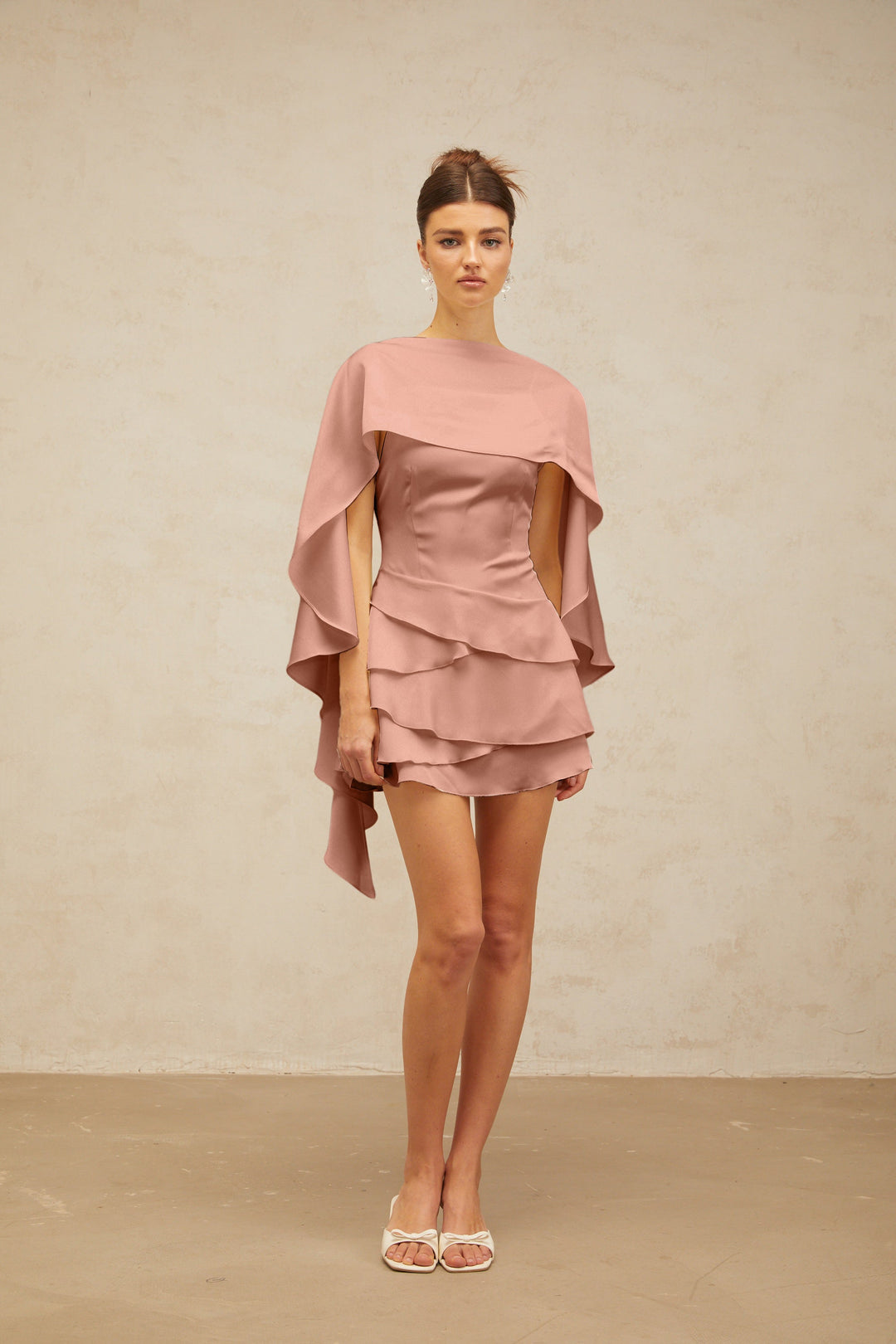 Lyna shawl-panel ruffled satin mini dress in Pink - Celestia Couture
