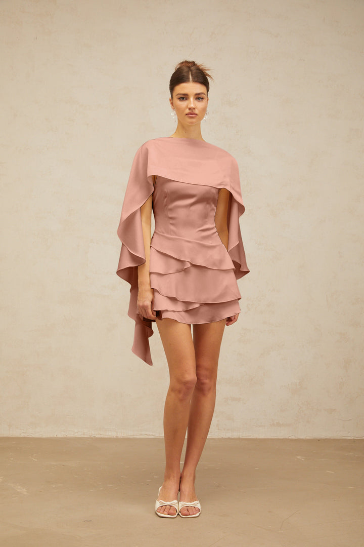 Lyna shawl-panel ruffled satin mini dress in Pink - Celestia Couture