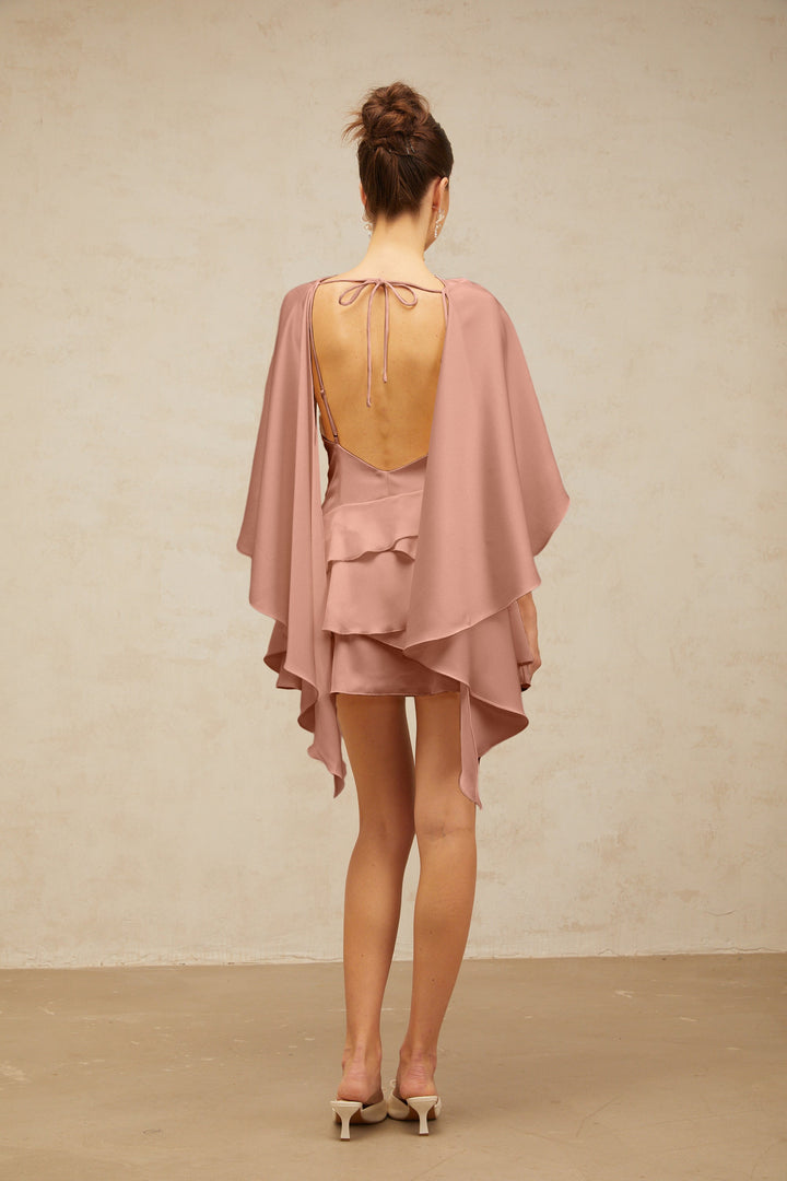 Lyna shawl-panel ruffled satin mini dress in Pink - Celestia Couture