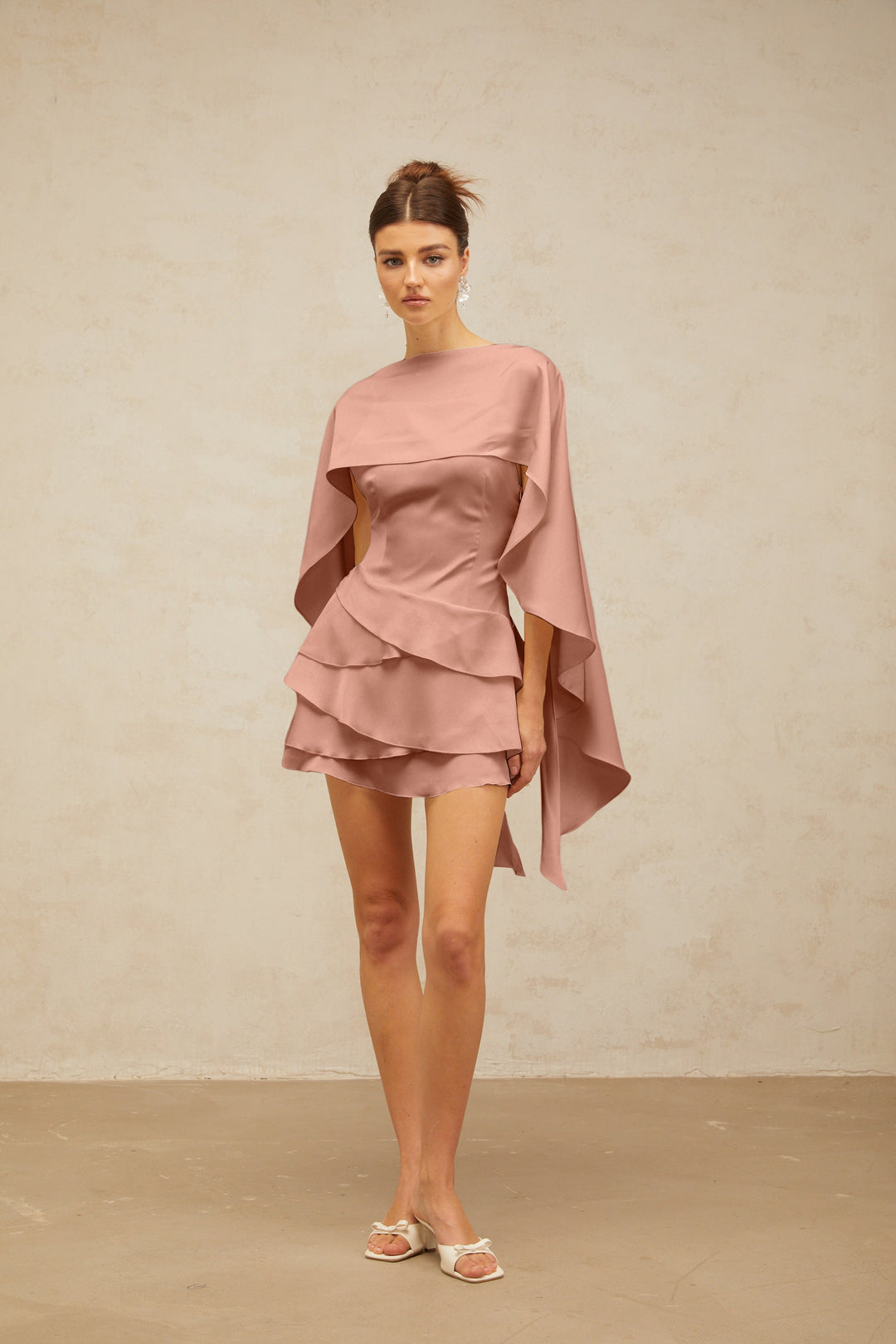 Lyna shawl-panel ruffled satin mini dress in Pink - Celestia Couture