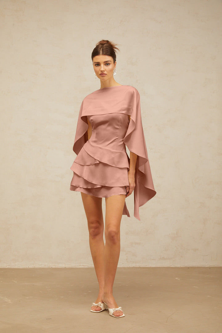 Lyna shawl-panel ruffled satin mini dress in Pink - Celestia Couture