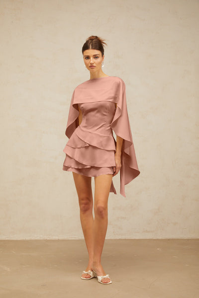 Lyna shawl-panel ruffled satin mini dress in Pink