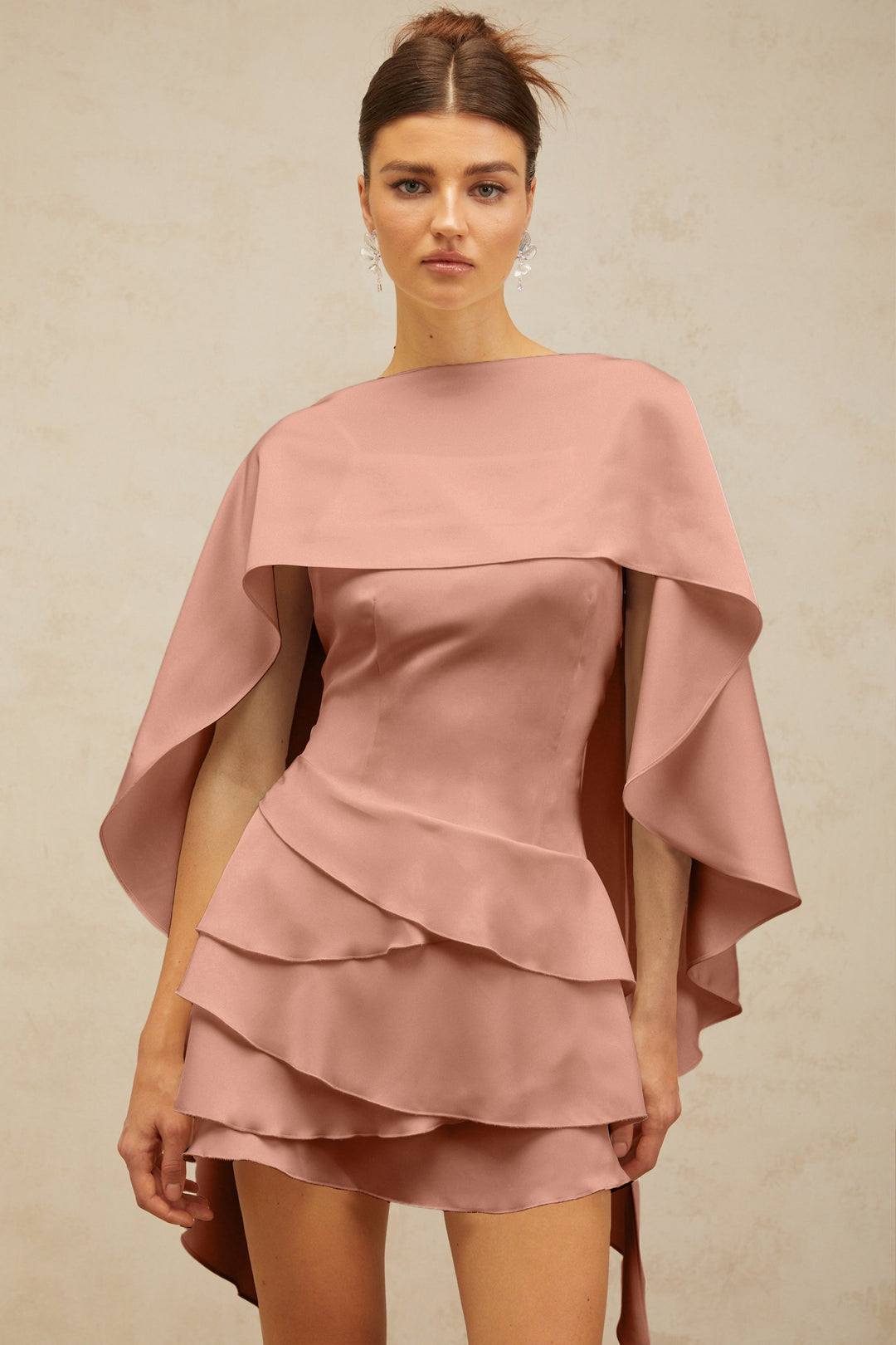 Lyna shawl-panel ruffled satin mini dress in Pink - Celestia Couture