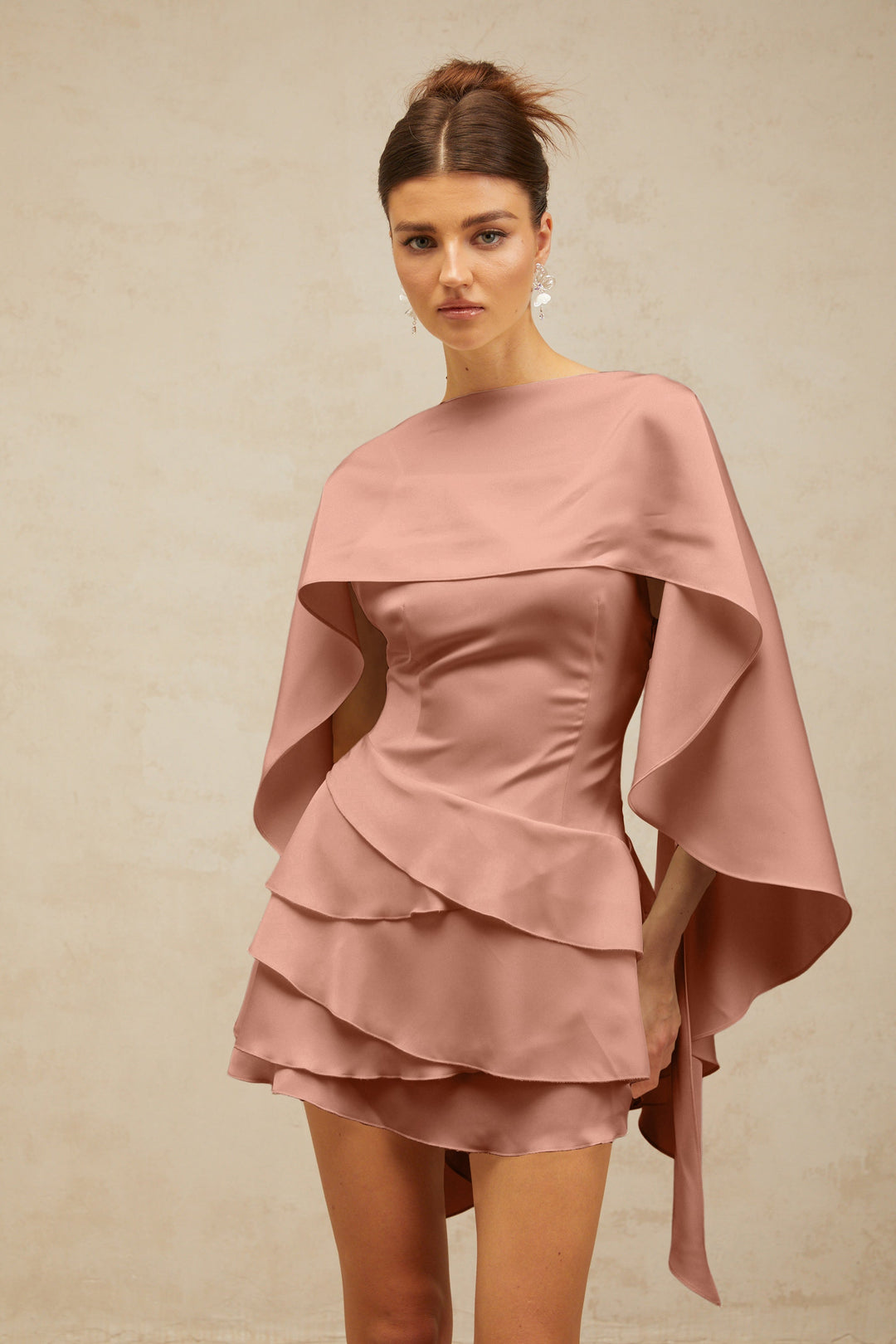 Lyna shawl-panel ruffled satin mini dress in Pink - Celestia Couture