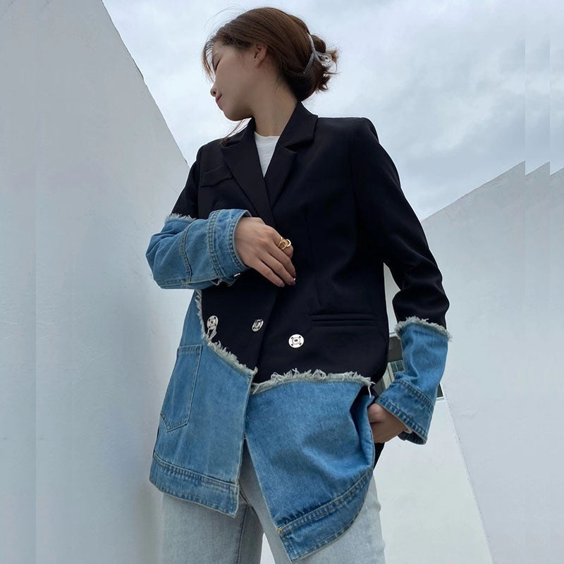 Jenna Asymmetric Denim Patchwork Blazer - Celestia Couture
