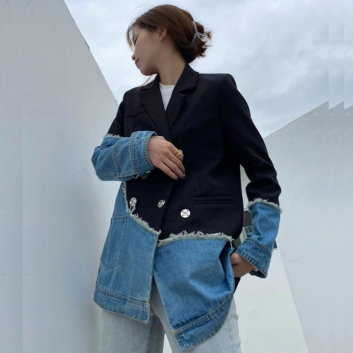 Jenna Asymmetric Denim Patchwork Blazer - Celestia Couture