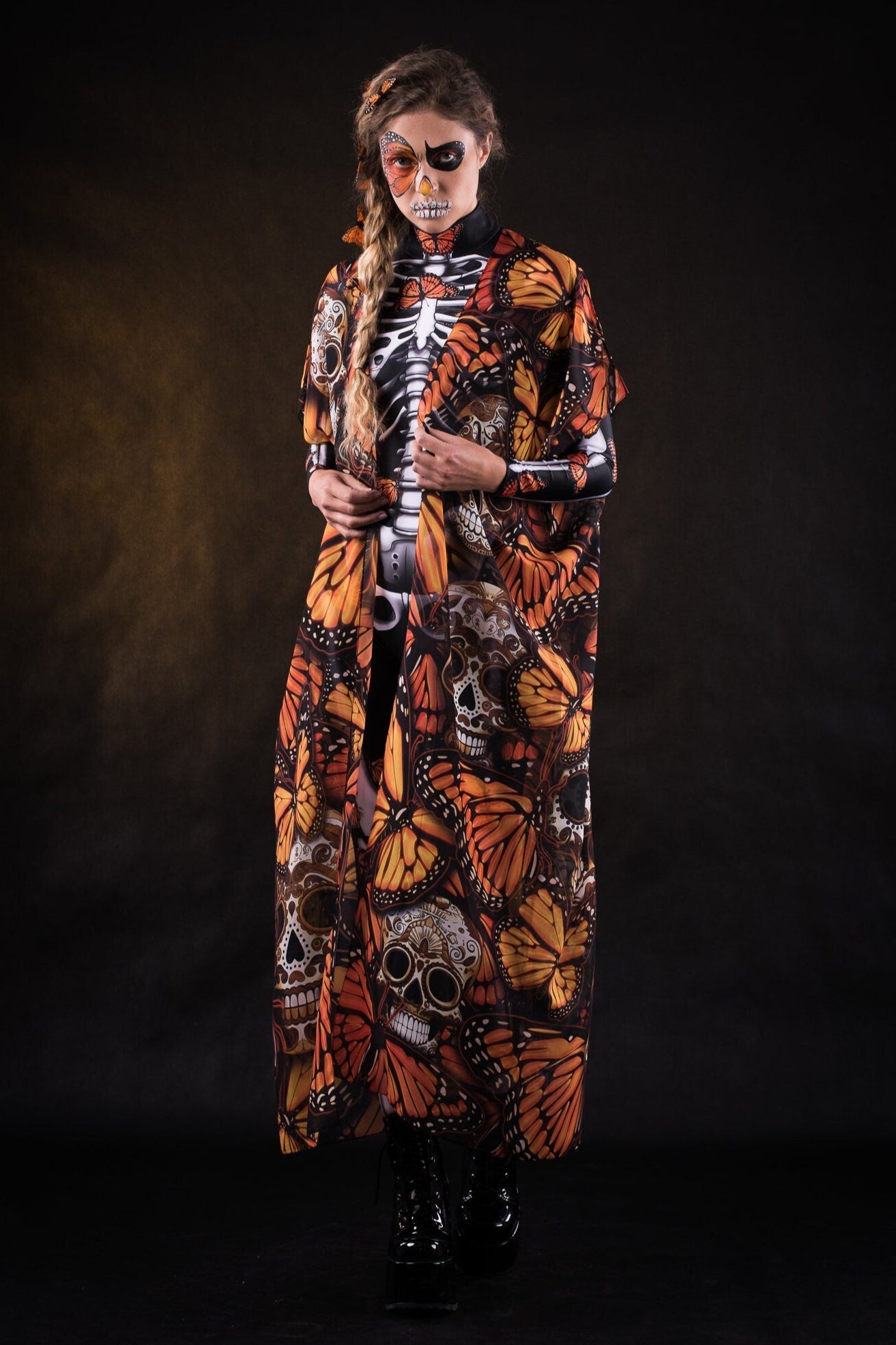 Orange Monarchy Butterflies Sheer Printed Halloween Kimono