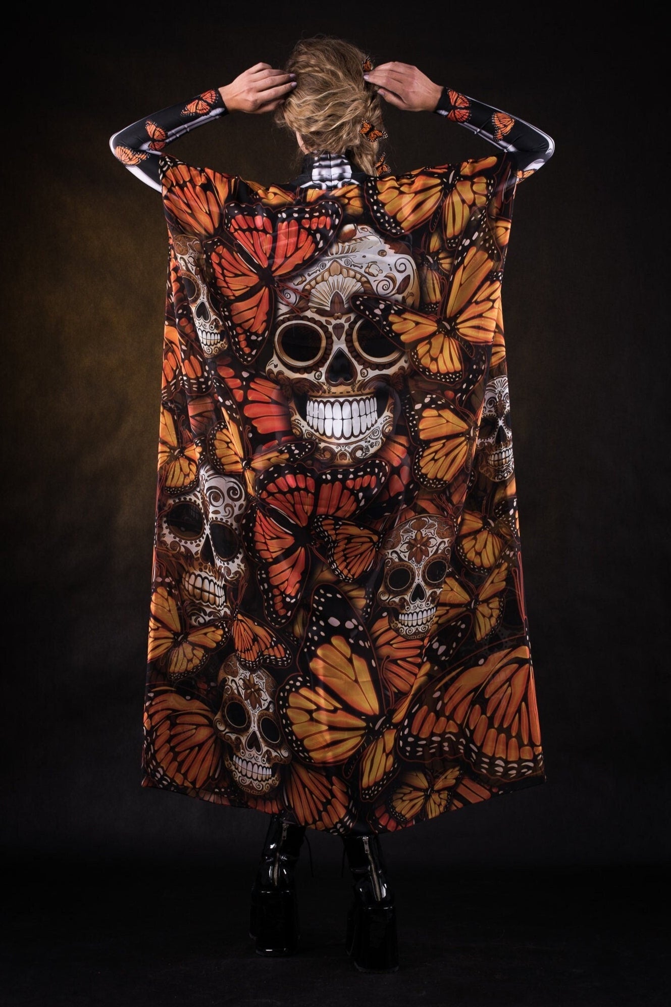Orange Monarchy Butterflies Sheer Printed Halloween Kimono