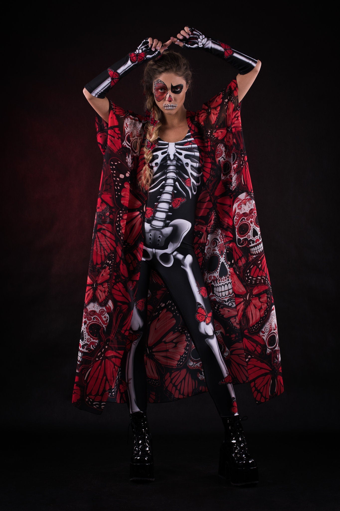 RED BUTTERFLIES Scoop Neck Jumpsuit & Gloves - Style Solo or Set