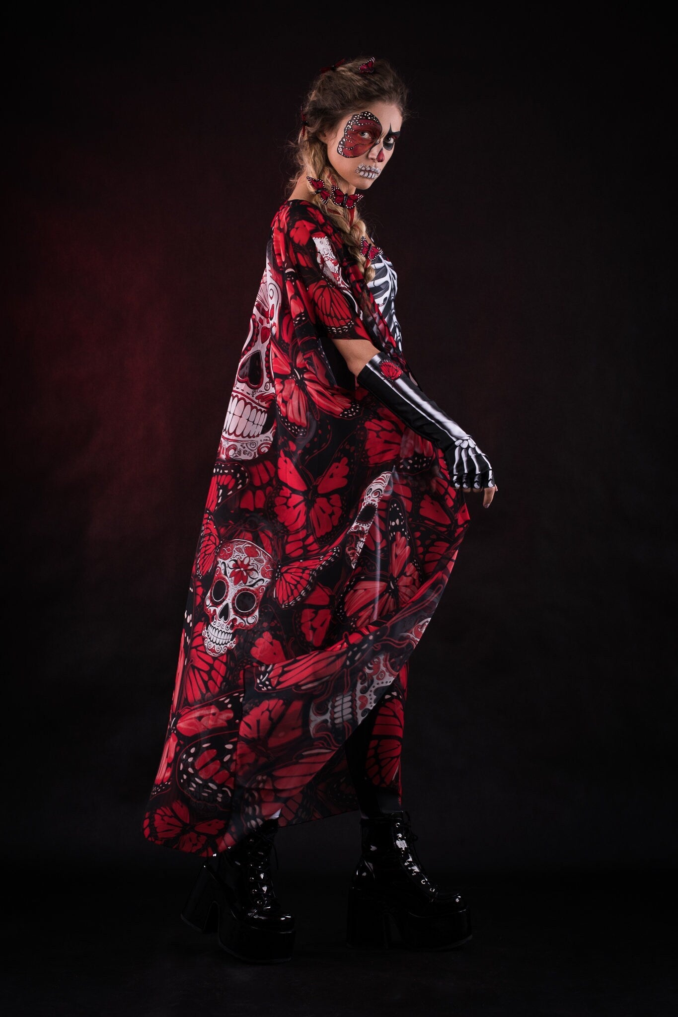 RED BUTTERFLIES Scoop Neck Jumpsuit & Gloves - Style Solo or Set