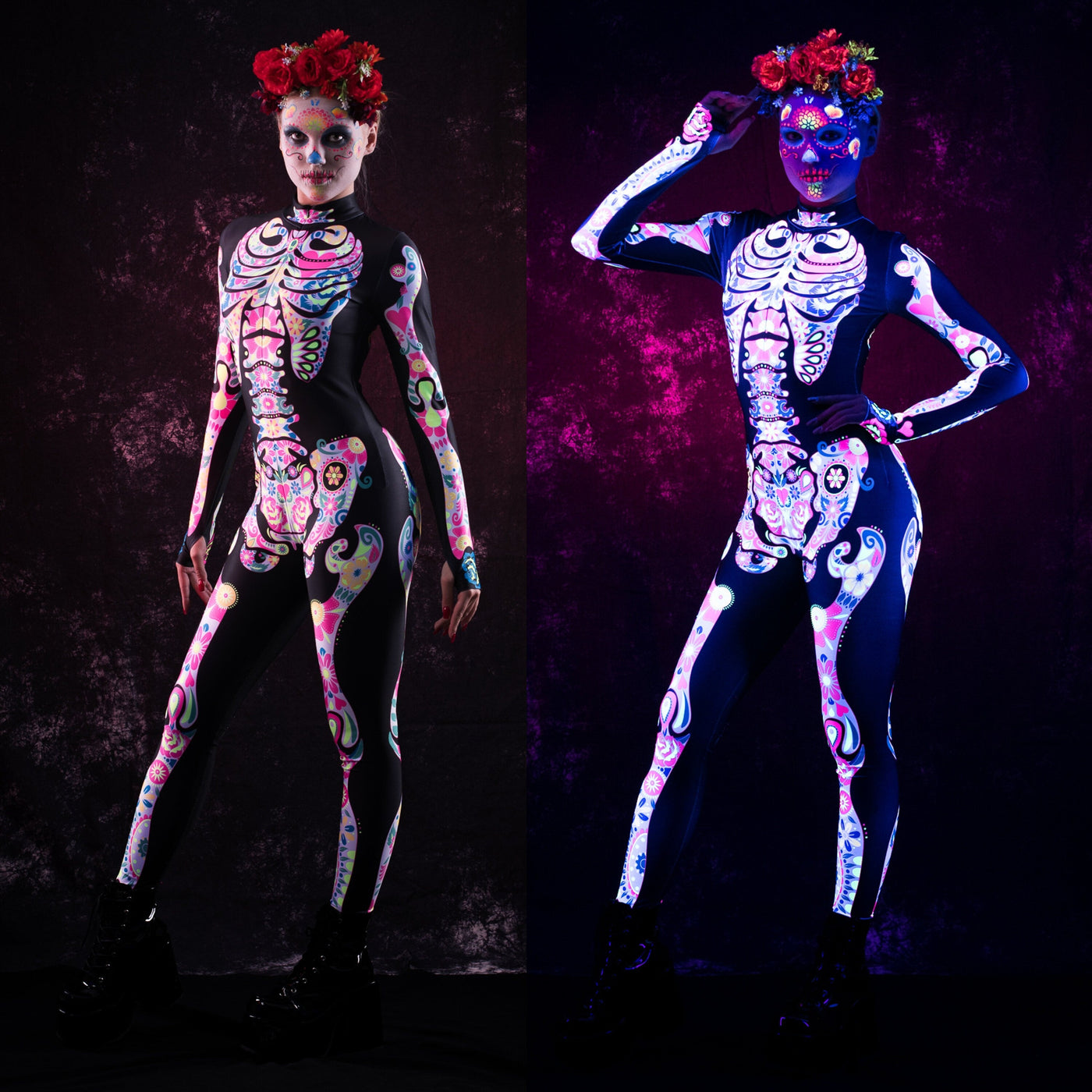 White LOS MUERTOS SKELETON Costume for Women - UV Reactive