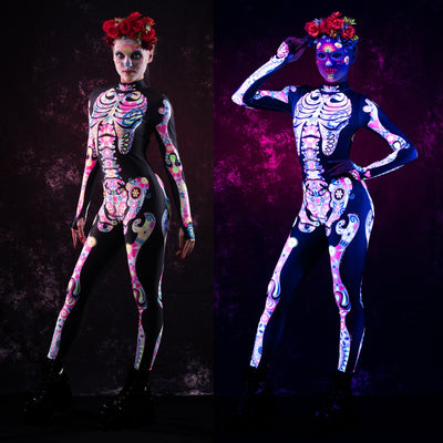 White LOS MUERTOS SKELETON Costume for Women - UV Reactive