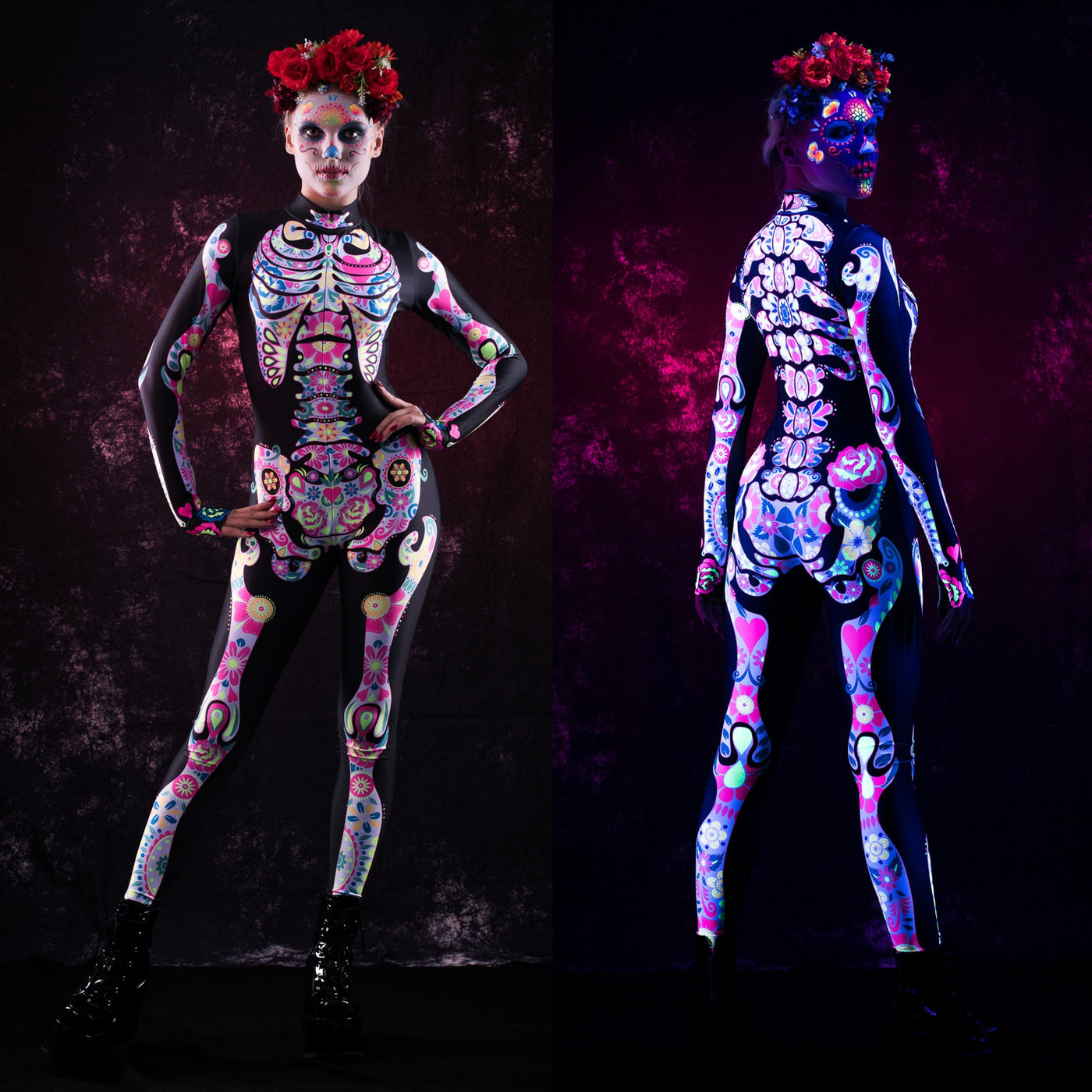 White LOS MUERTOS SKELETON Costume for Women - UV Reactive