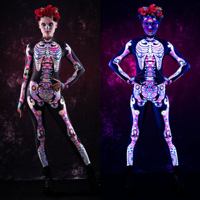 White LOS MUERTOS SKELETON Costume for Women - UV Reactive