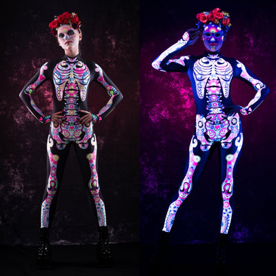 White LOS MUERTOS SKELETON Costume for Women - UV Reactive