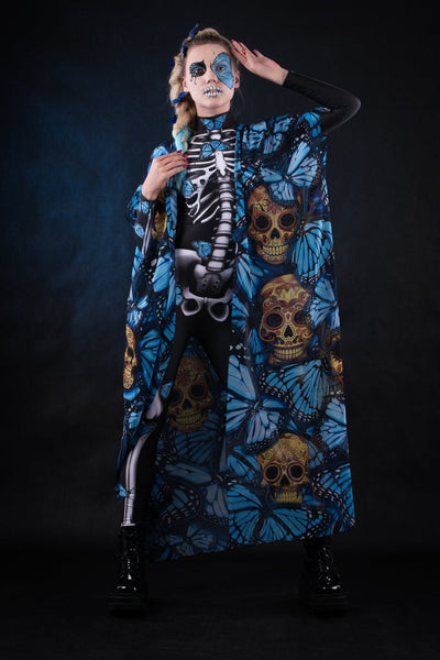 Blue Monarchy Butterflies Sheer Printed Halloween Kimono