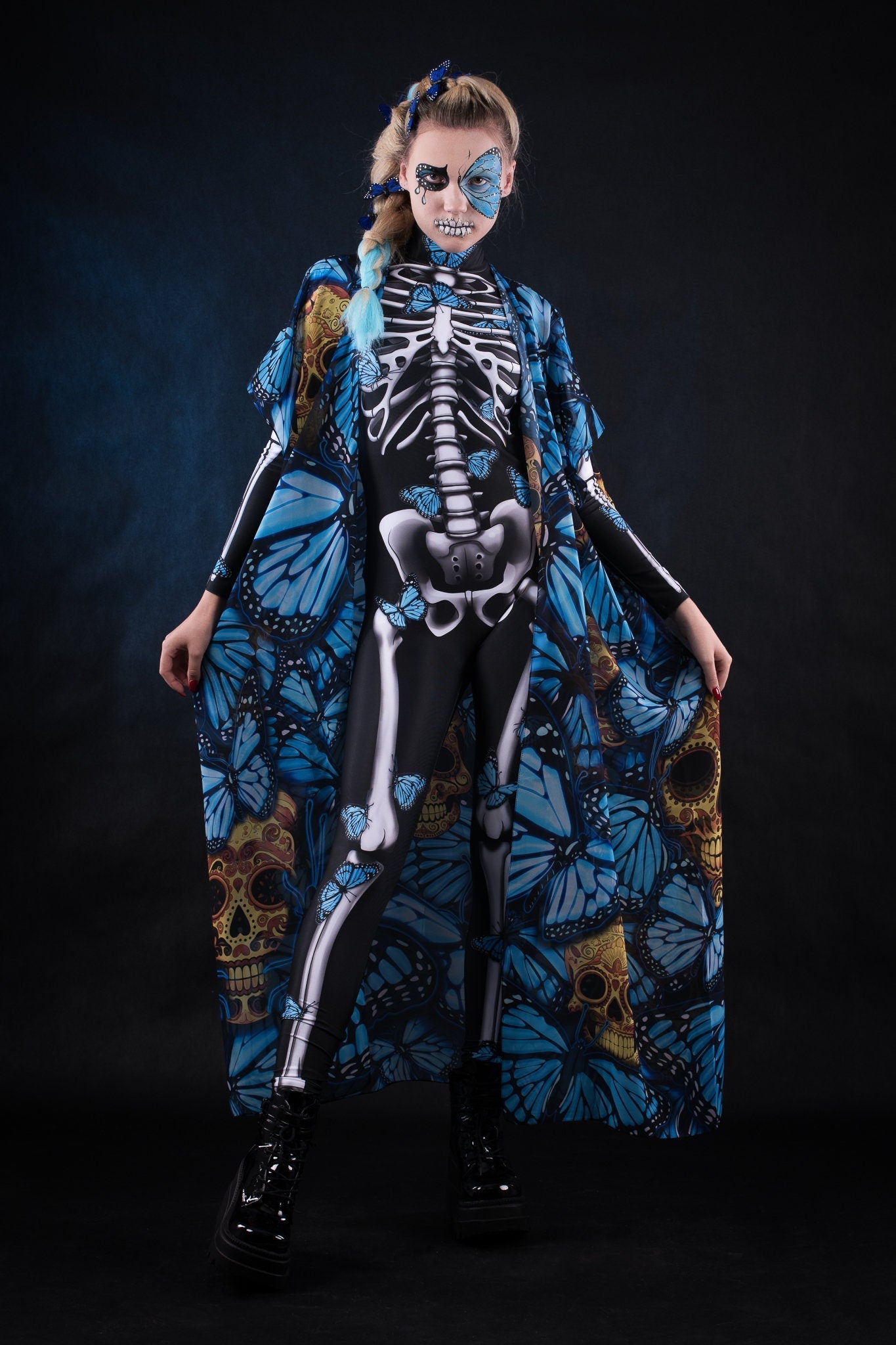 Blue Monarchy Butterflies Sheer Printed Halloween Kimono
