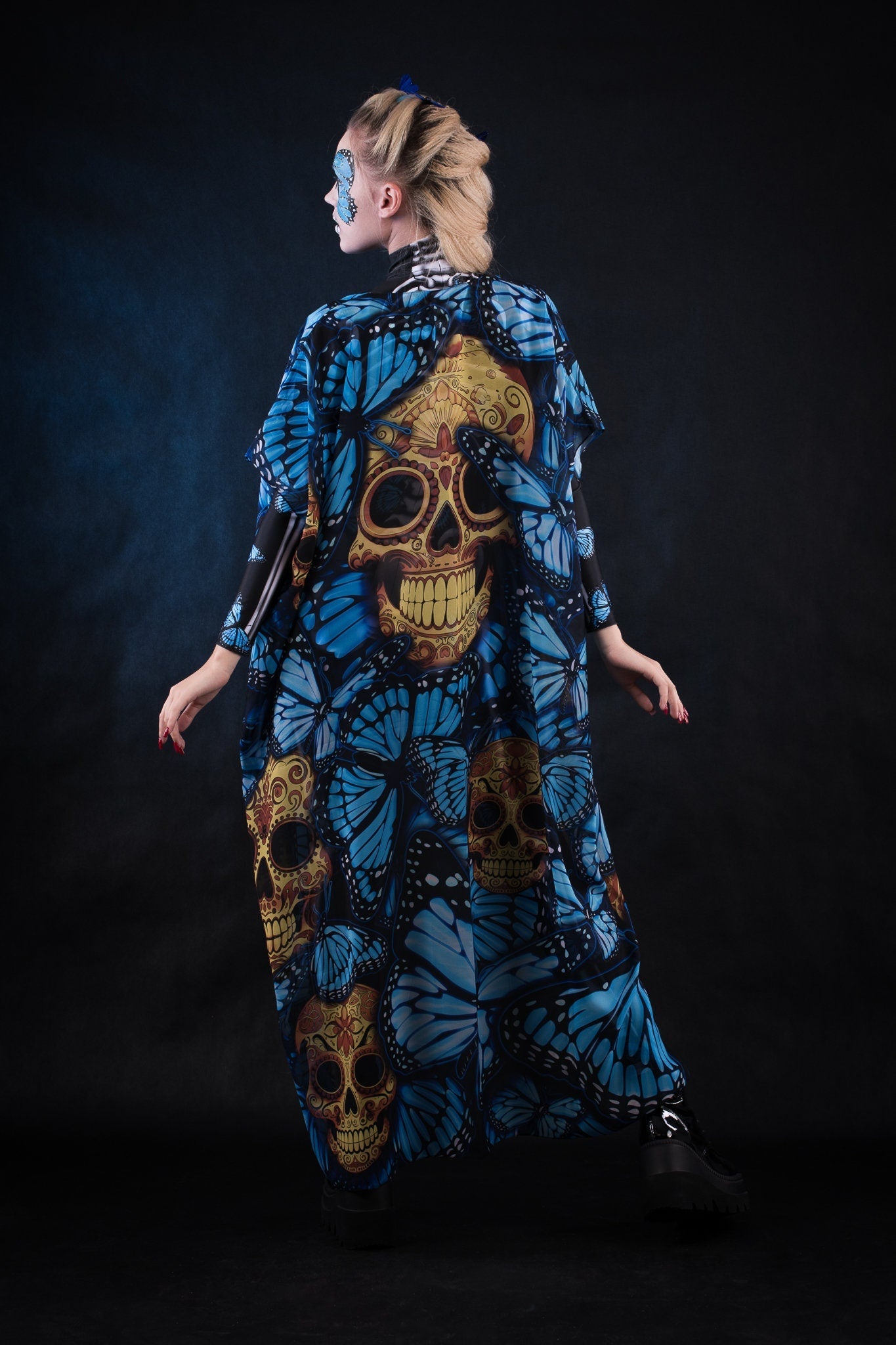 Blue Monarchy Butterflies Sheer Printed Halloween Kimono