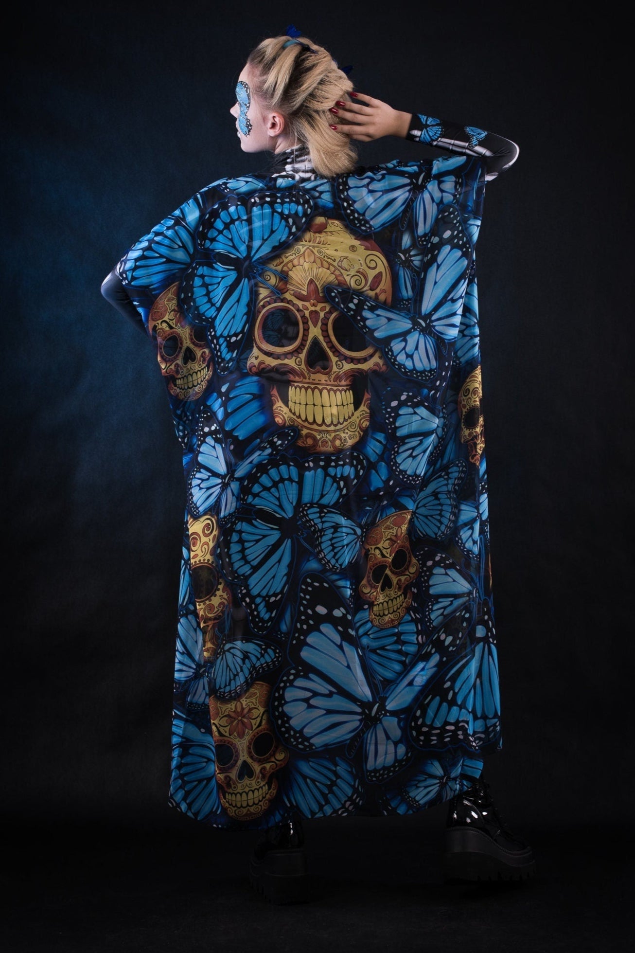 Blue Monarchy Butterflies Sheer Printed Halloween Kimono
