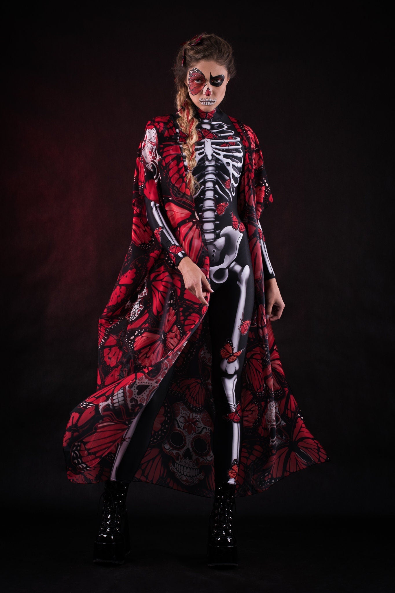Red Monarchy Butterflies Sheer Printed Halloween Kimono