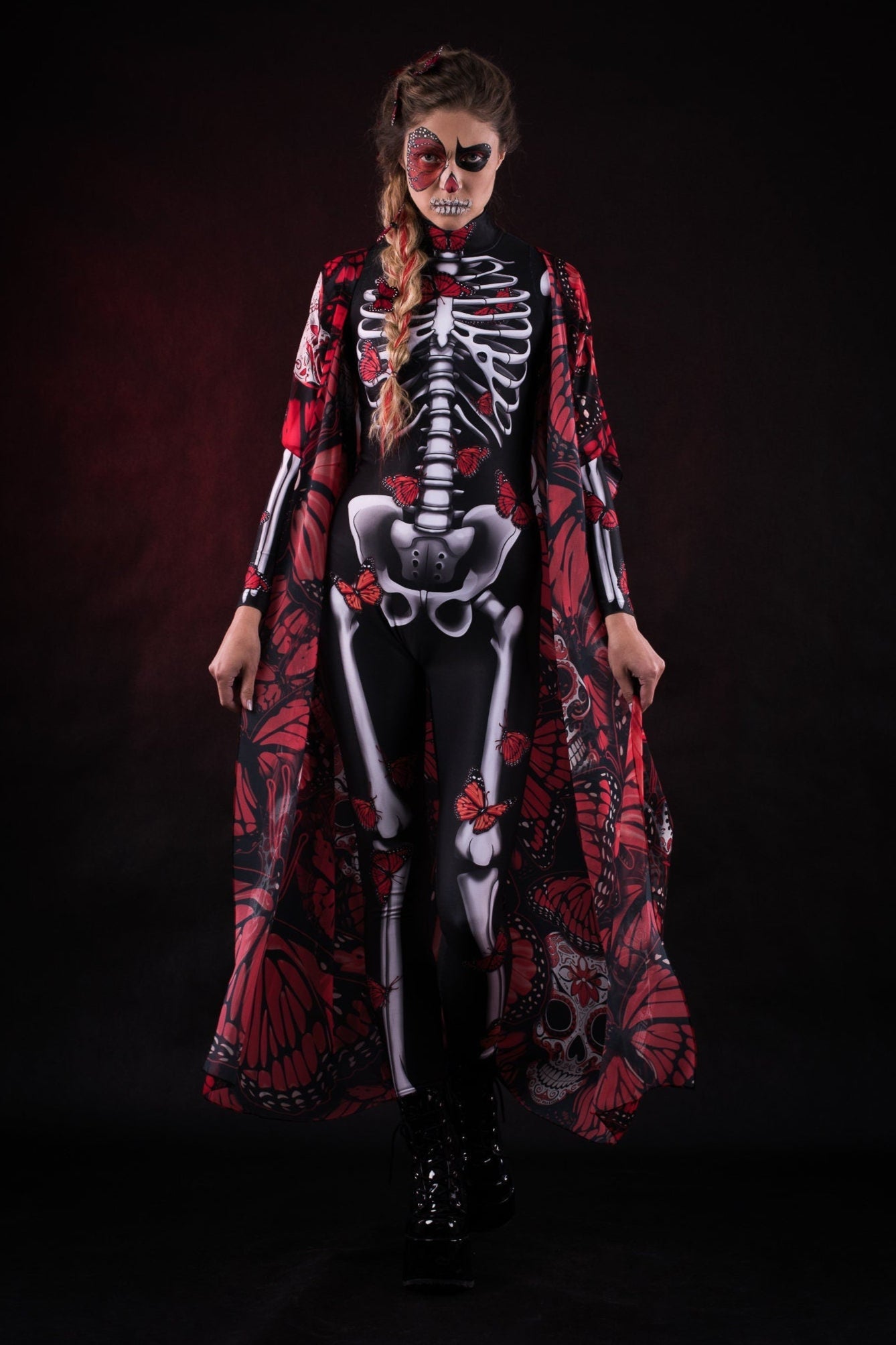 Red Monarchy Butterflies Sheer Printed Halloween Kimono