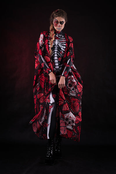 Red Monarchy Butterflies Sheer Printed Halloween Kimono