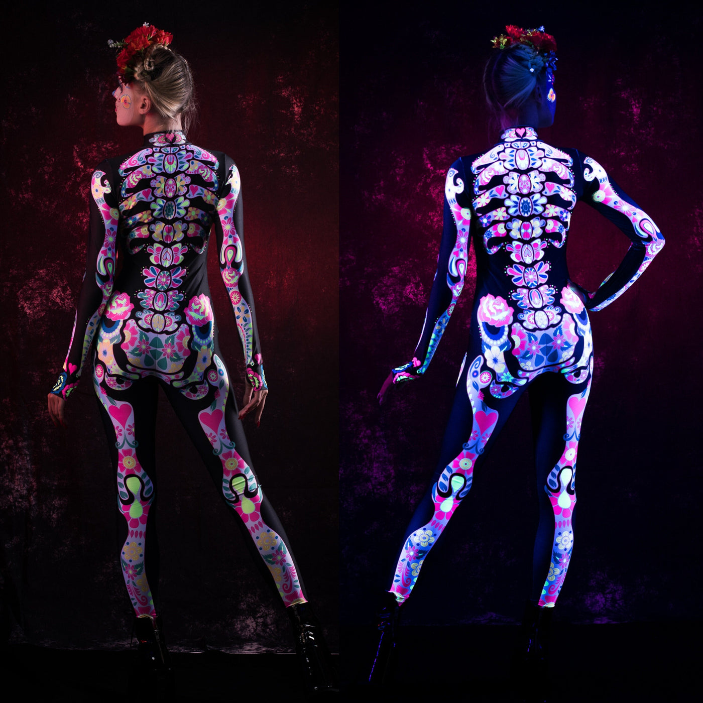 White LOS MUERTOS SKELETON Costume for Women - UV Reactive