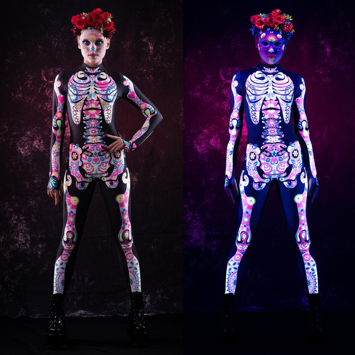White LOS MUERTOS SKELETON Costume for Women - UV Reactive