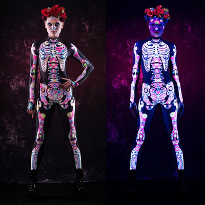 White LOS MUERTOS SKELETON Costume for Women - UV Reactive