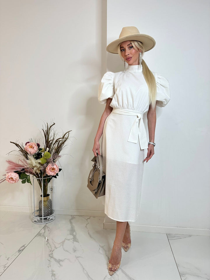 White puffed midi dress(1) - Celestia Couture