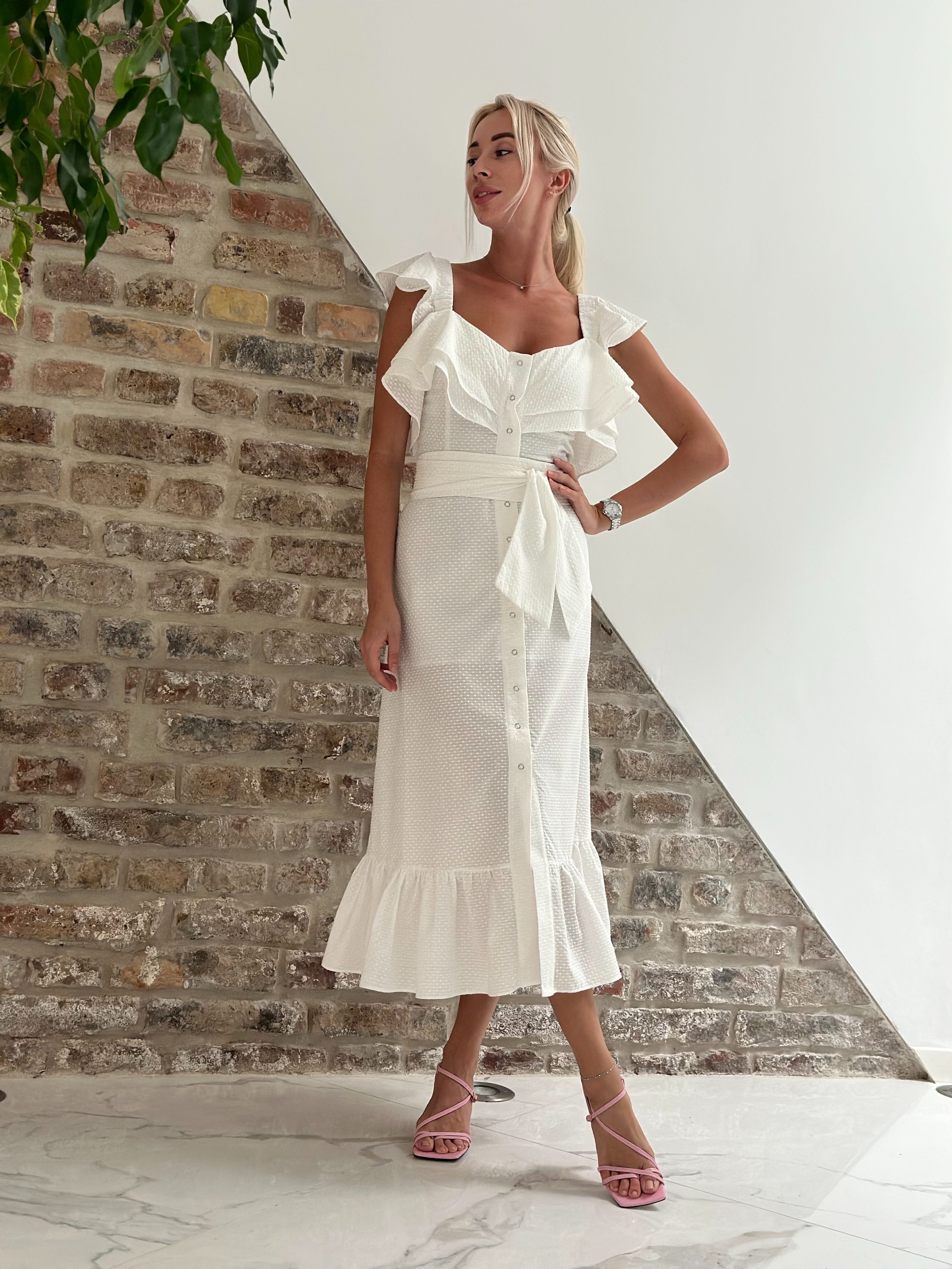 White ruffle midi dress