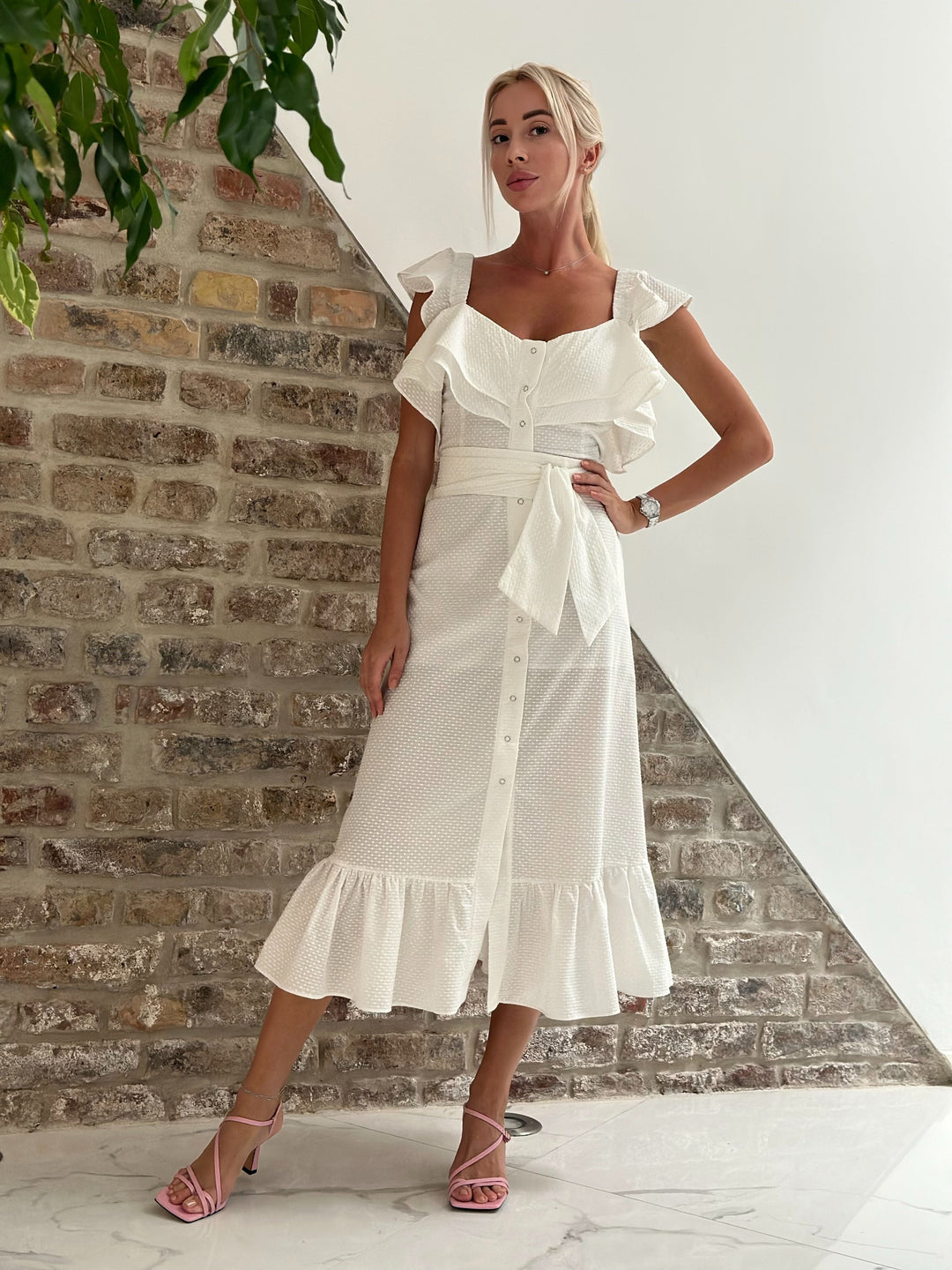 White ruffle midi dress