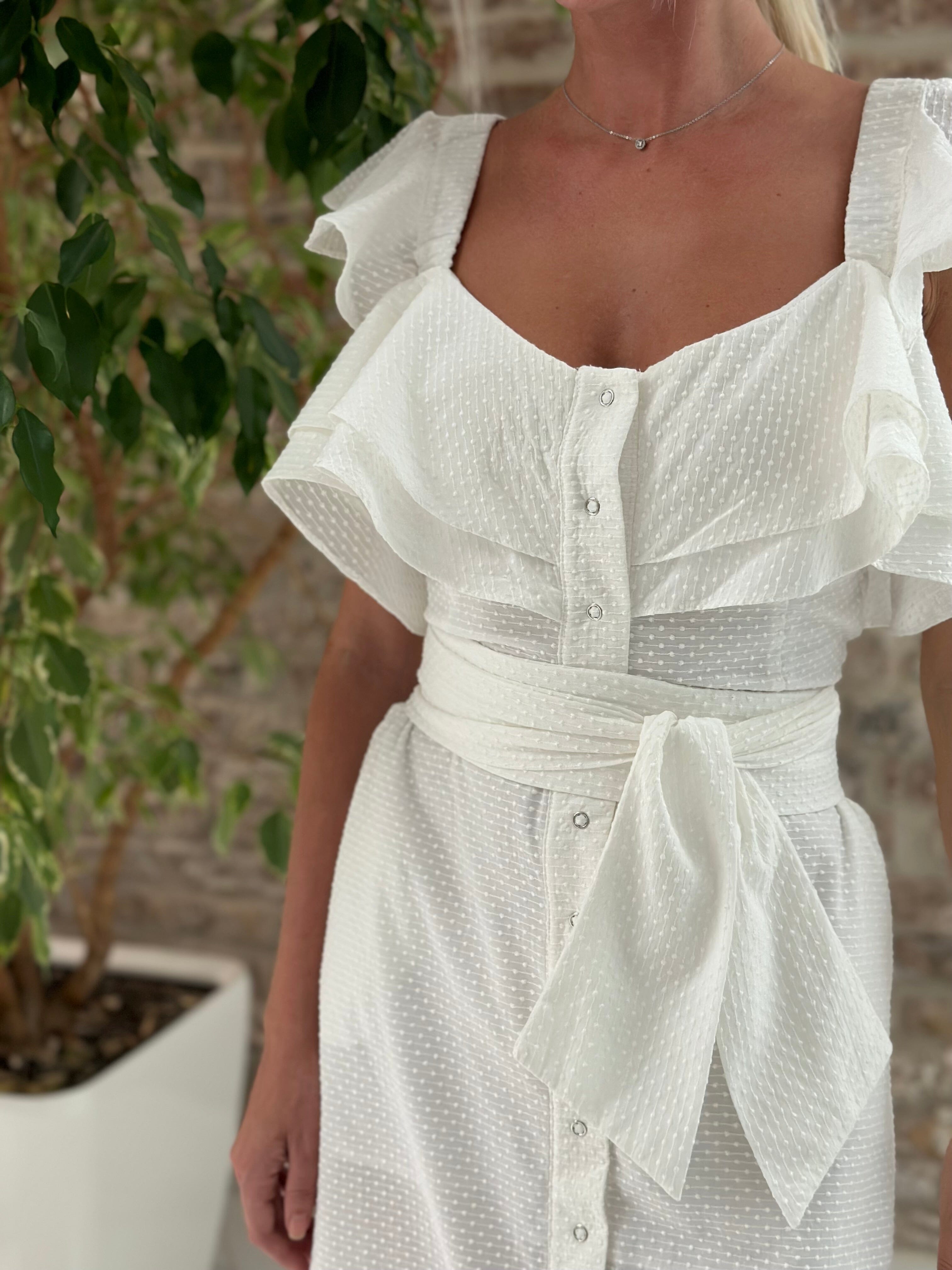 White ruffle midi dress