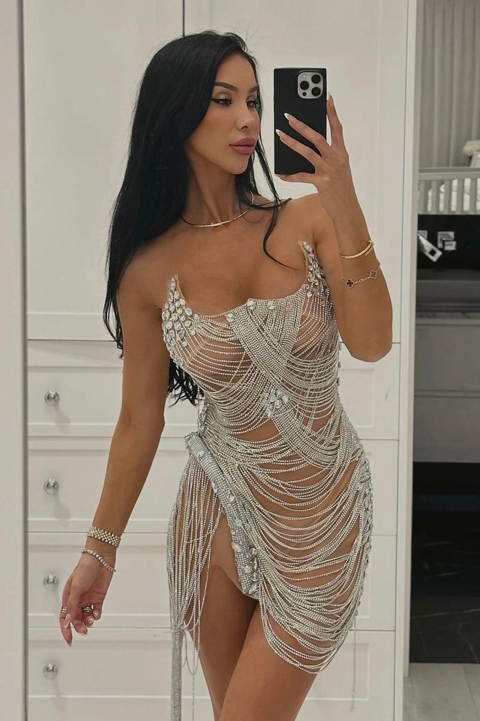 Onyx Strapless Crystal Fringe Mini Dress As Seen On Carolina Delgado