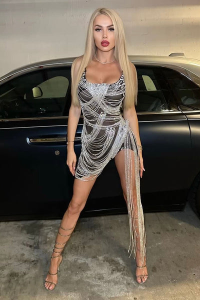 Onyx Strapless Crystal Fringe Mini Dress As Seen On Carolina Delgado