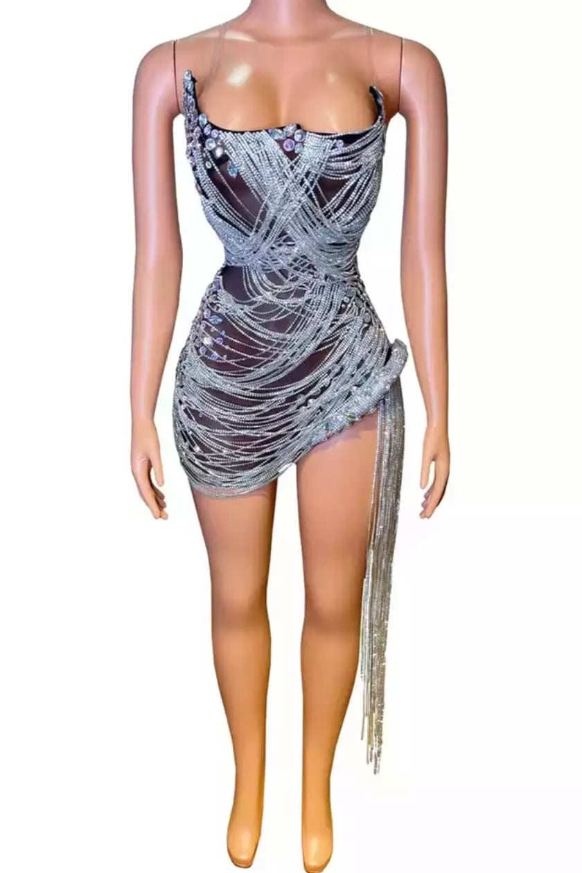 Onyx Strapless Crystal Fringe Mini Dress As Seen On Carolina Delgado