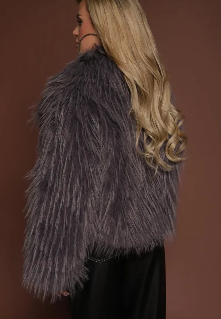 Mona - Gray Plain Fringe Faux Fur Short Jacket