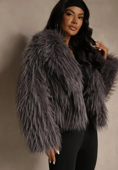 Mona - Gray Plain Fringe Faux Fur Short Jacket