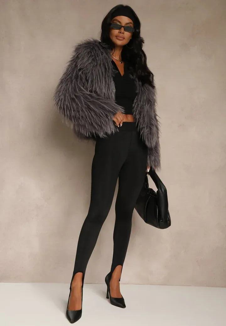 Mona - Gray Plain Fringe Faux Fur Short Jacket