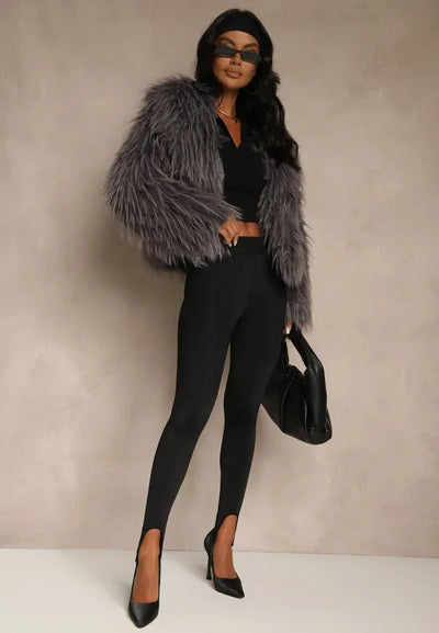 Mona - Gray Plain Fringe Faux Fur Short Jacket