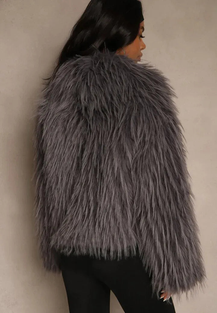 Mona - Gray Plain Fringe Faux Fur Short Jacket