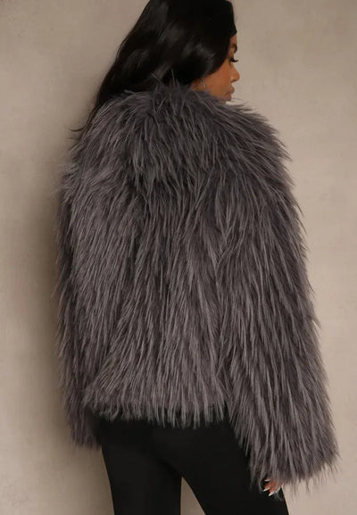 Mona - Gray Plain Fringe Faux Fur Short Jacket