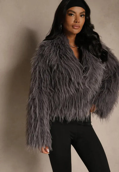 Mona - Gray Plain Fringe Faux Fur Short Jacket