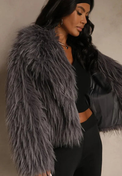 Mona - Gray Plain Fringe Faux Fur Short Jacket