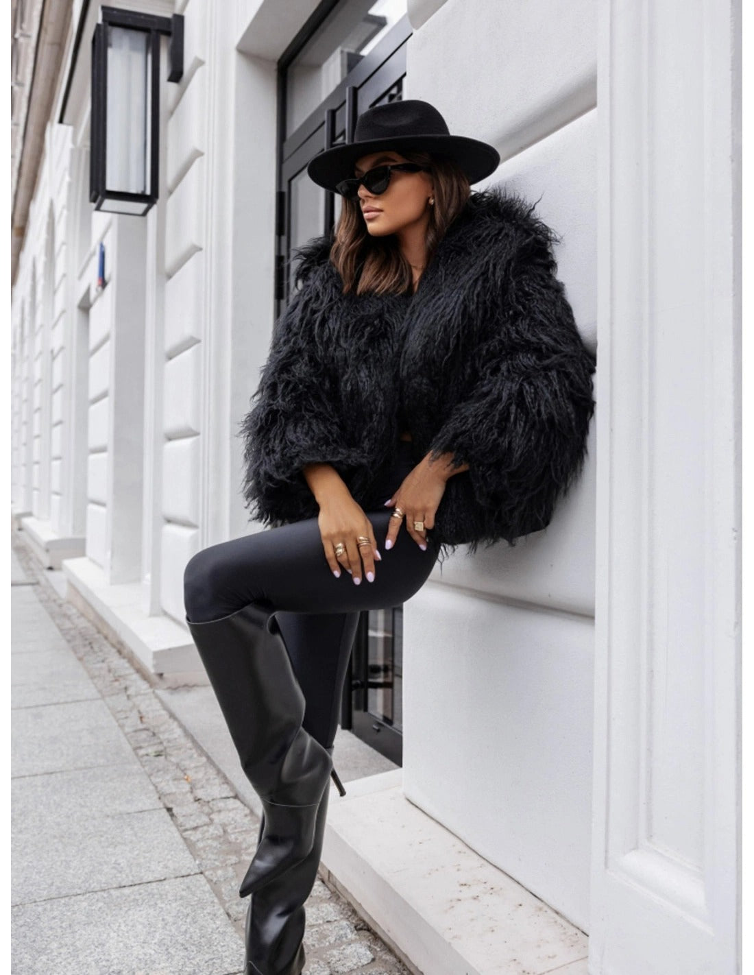 Mona - Black Plain Fringe Faux Fur Short Jacket