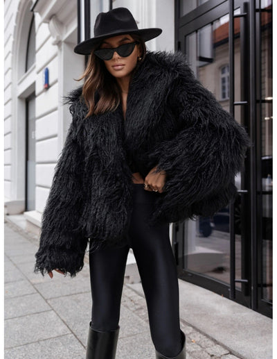 Mona - Black Plain Fringe Faux Fur Short Jacket