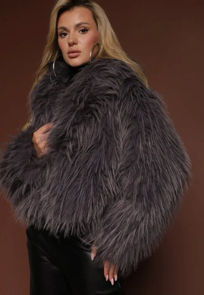 Mona - Gray Plain Fringe Faux Fur Short Jacket