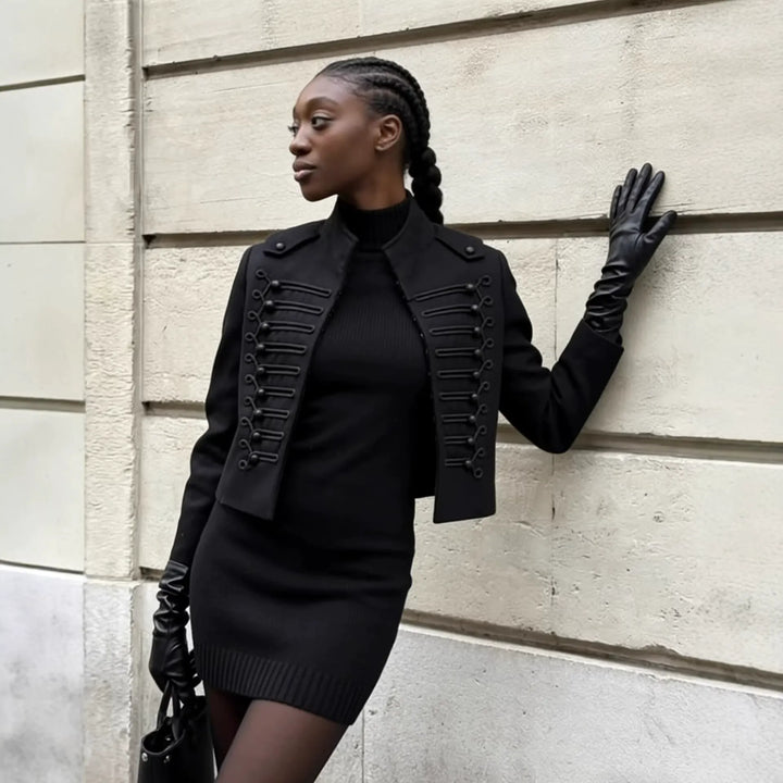 women’s black military jacket front view