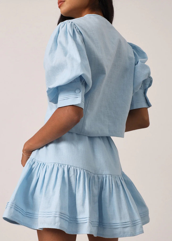 Laney Tiered Frill Linen Set | Pastel Blue