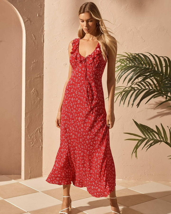 Red Floral V Neck Ruffle Maxi Dress - Celestia Couture